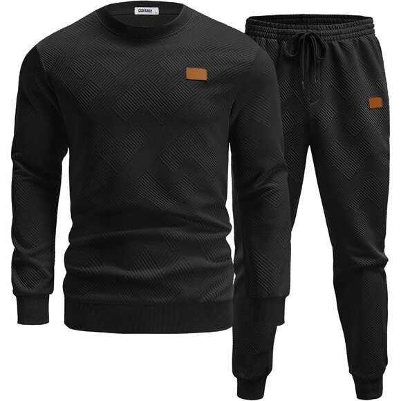 Men's 2 Piece Sweat suit Jogging Suit Sets Long Sleeve Jacquard Shirt Black - Picture 2 of 8